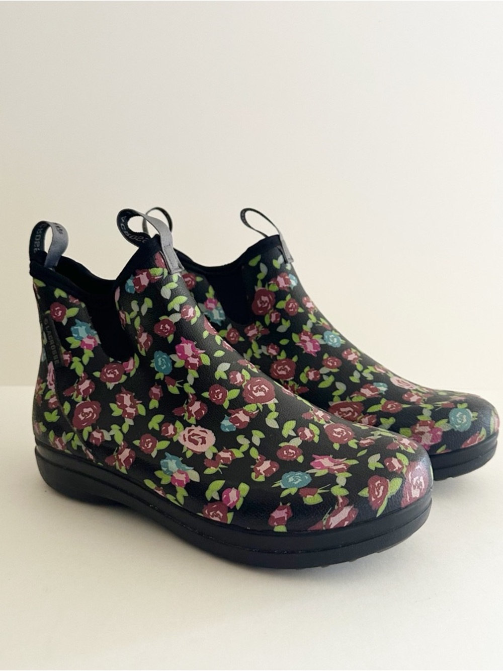 LaCrosse Black Waterproof floral Print ankle rain boot